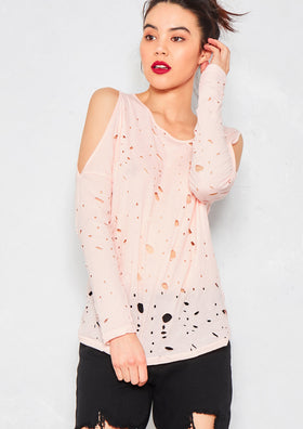 Courtney Nude Distressed Cold Shoulder T Shirt
