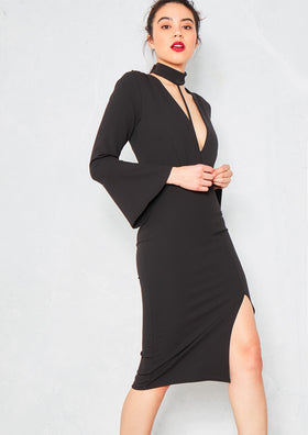Bexie Black Plunge Harness Detail Side Split Midi Dress