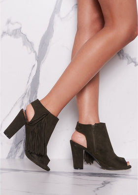 Torah Khaki Suede Tassel Cut Out Boots