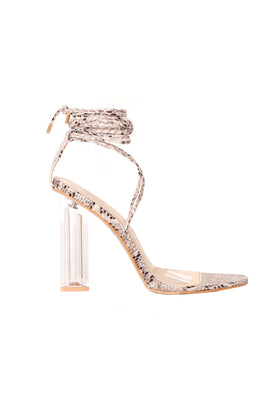 Tillie Snake Print Lace Up Perspex Heels